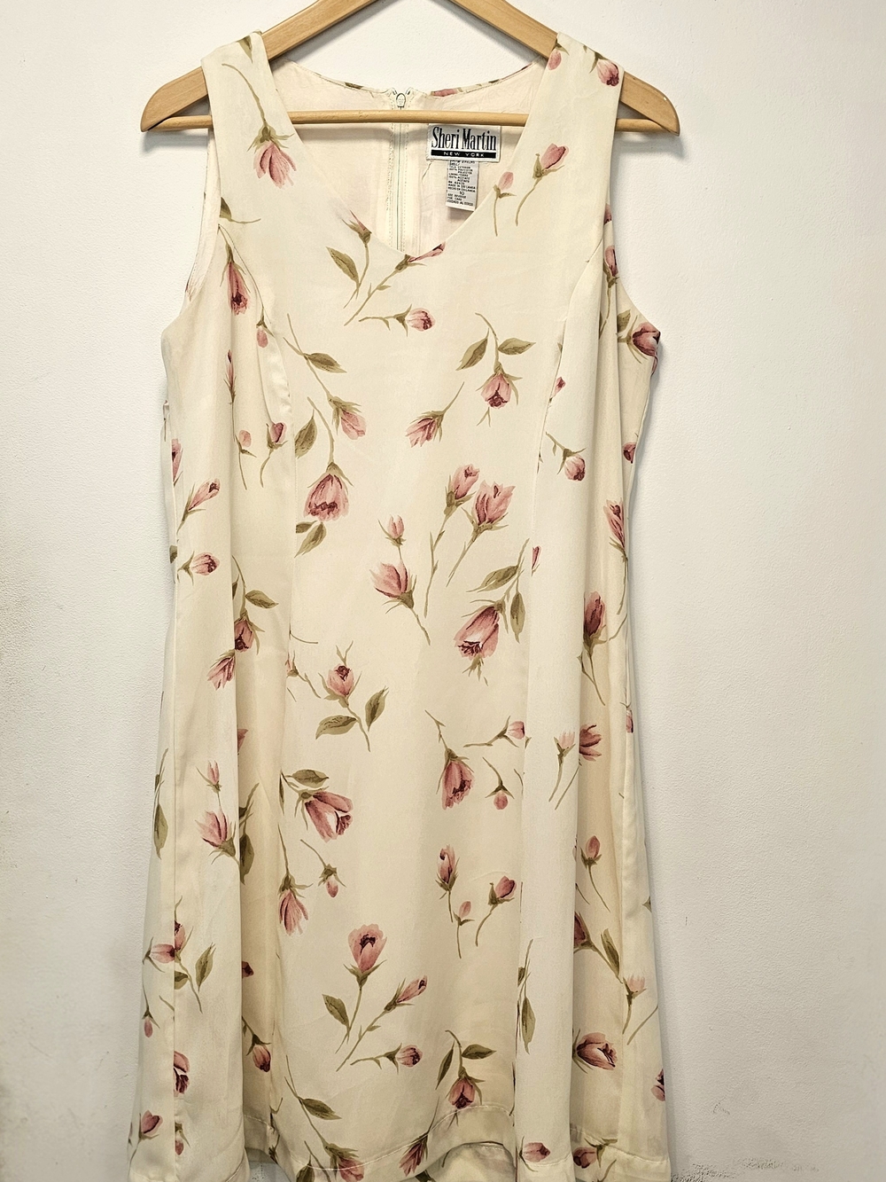 Sheri Martin Cream Floral Sleeveless Midi A-Line Flowy Garden Dress Vintage